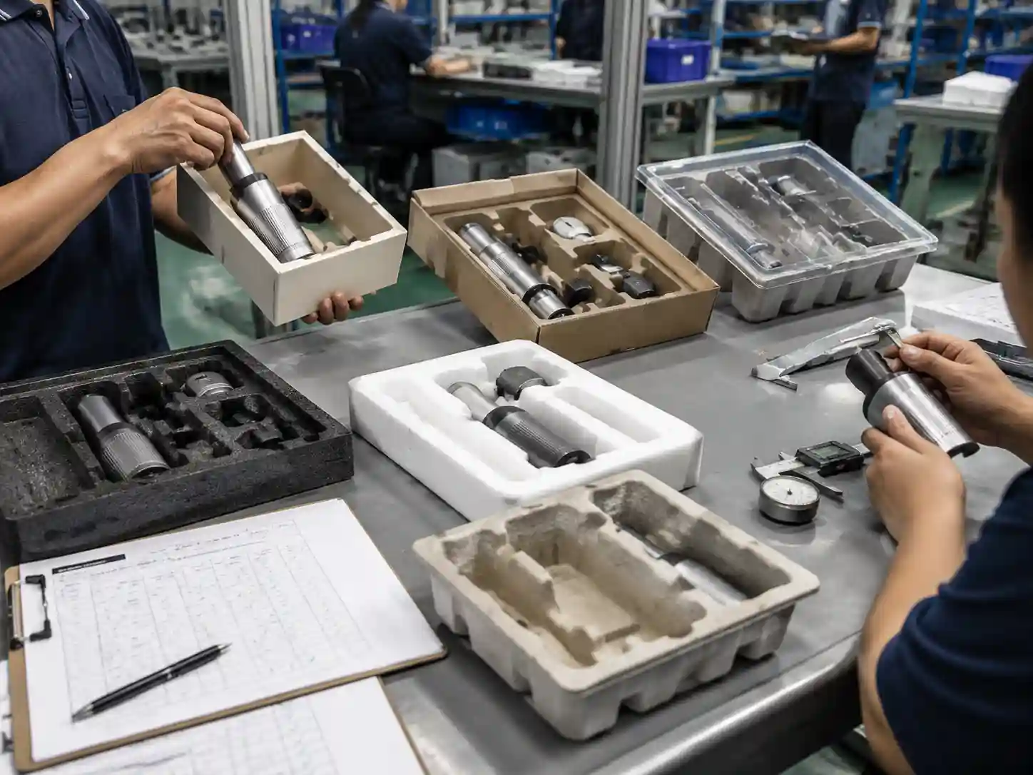 Technicians testing loaded insert prototypes for product movement and removal access