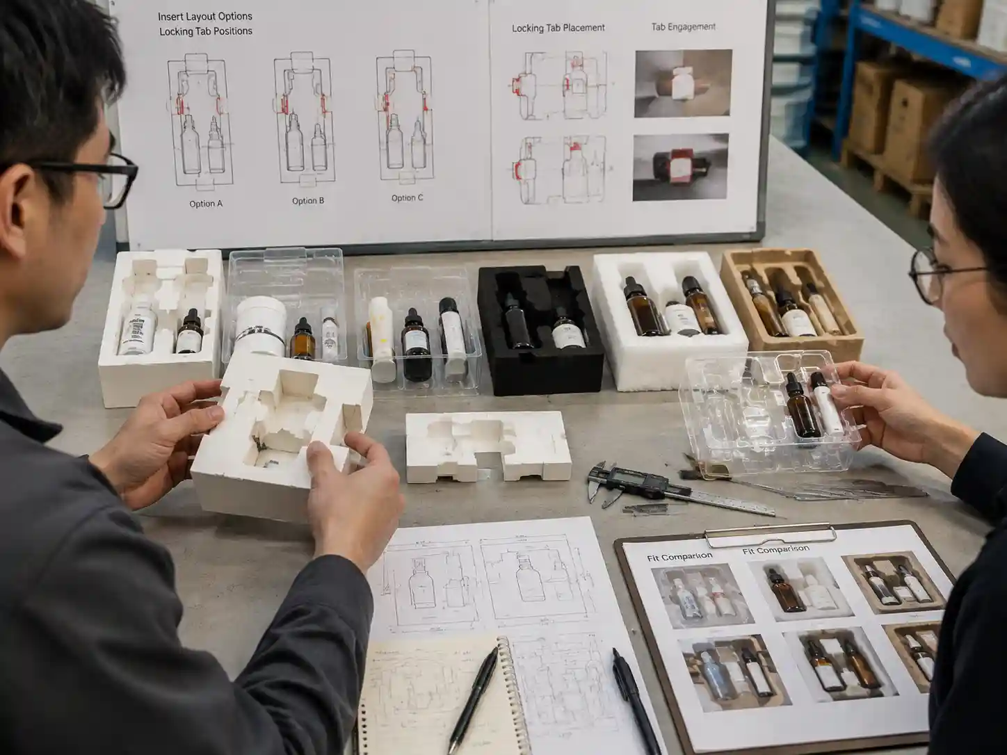 Packaging engineers reviewing insert locking tab placement with cavity samples and locking structure prototypes.