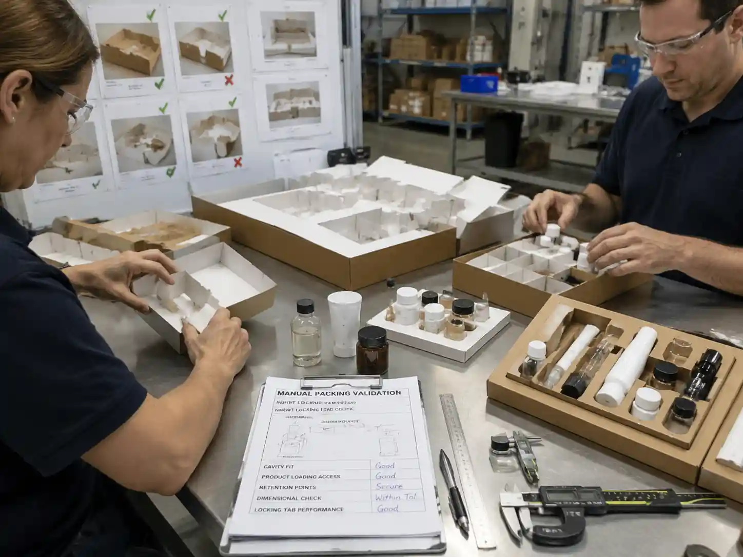Engineering team testing insert locking tabs during manual packing validation with product samples.