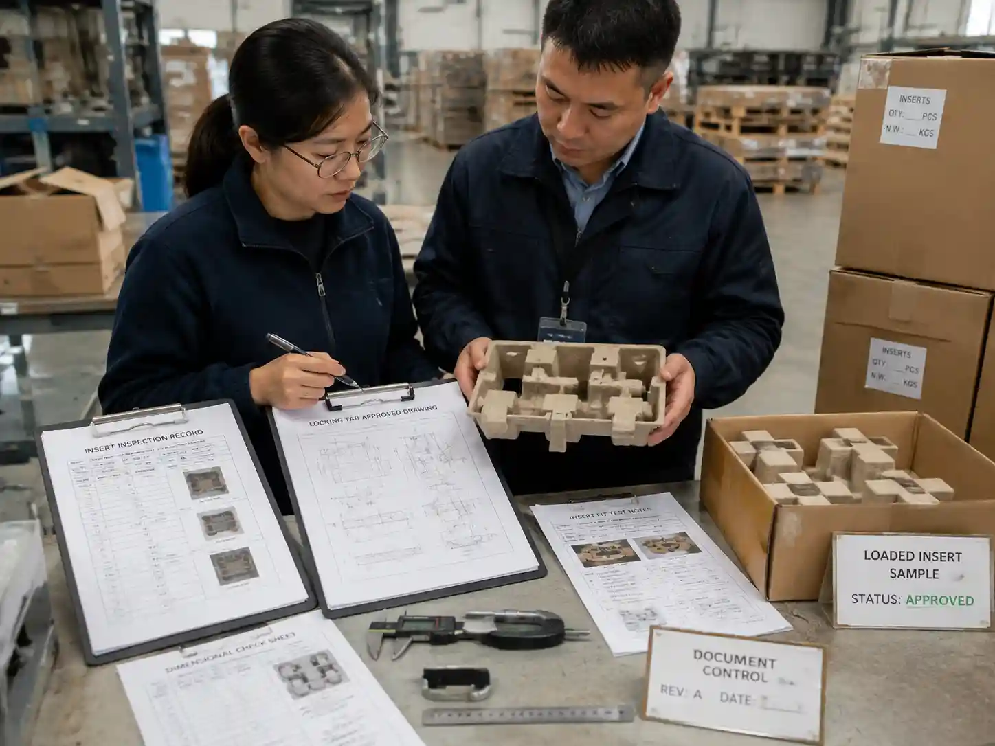Quality control inspection of insert locking tabs with measurement records and approved samples.