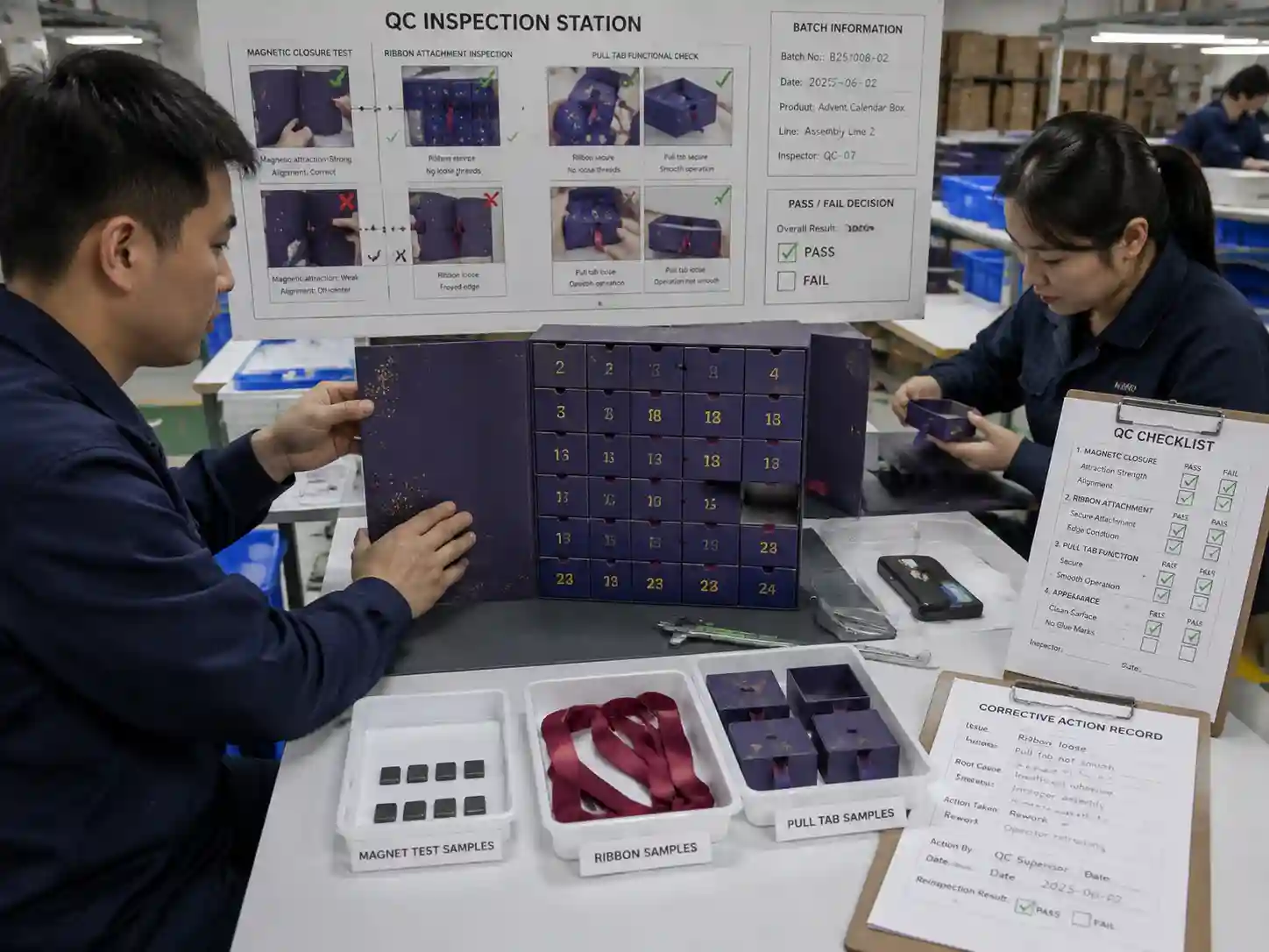QC inspectors performing magnet, ribbon, and pull tab functional inspection on an advent calendar packaging assembly.