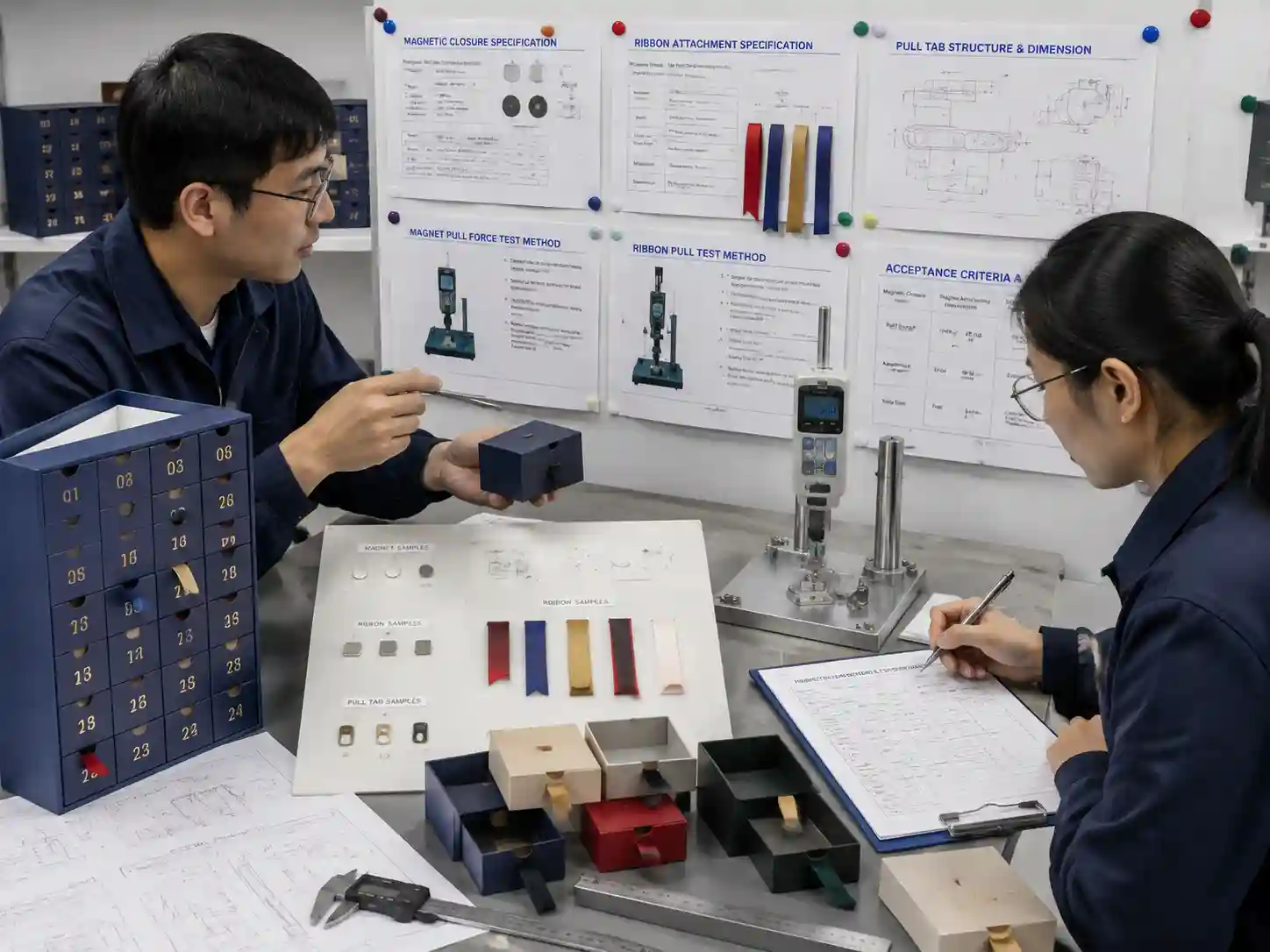 Packaging engineers preparing inspection methods and functional tests for magnets, ribbons, and pull tabs.
