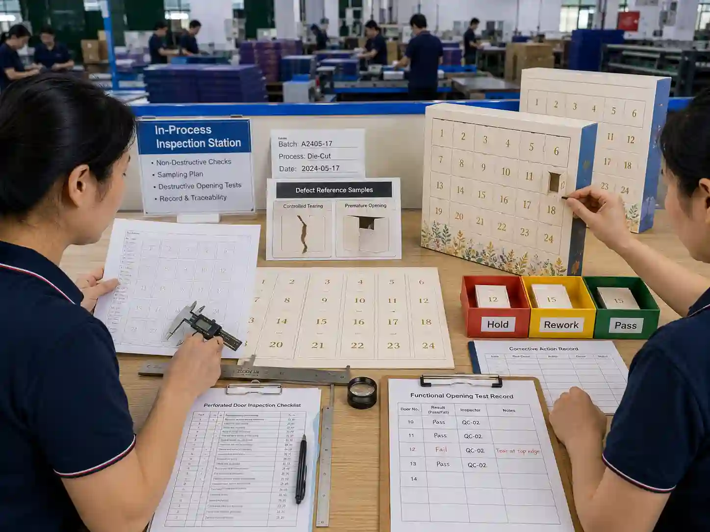 QC inspectors using a perforated door inspection method on sampled advent calendar packaging during production.