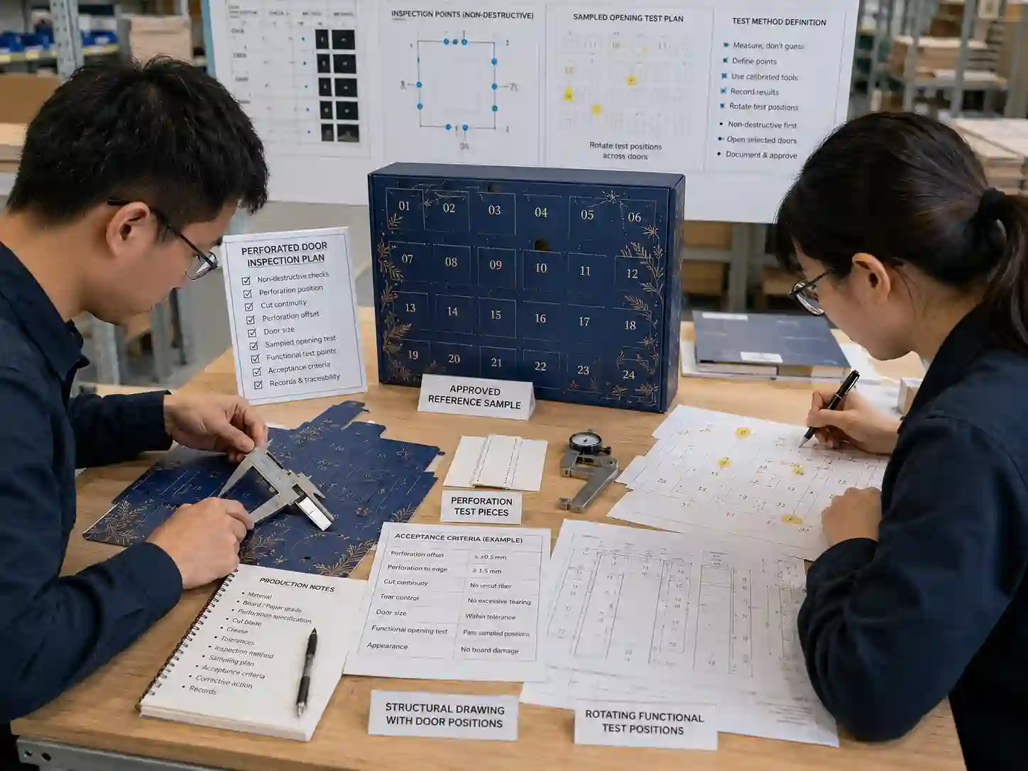 Packaging engineers defining inspection points and sampled opening tests for perforated advent calendar doors.