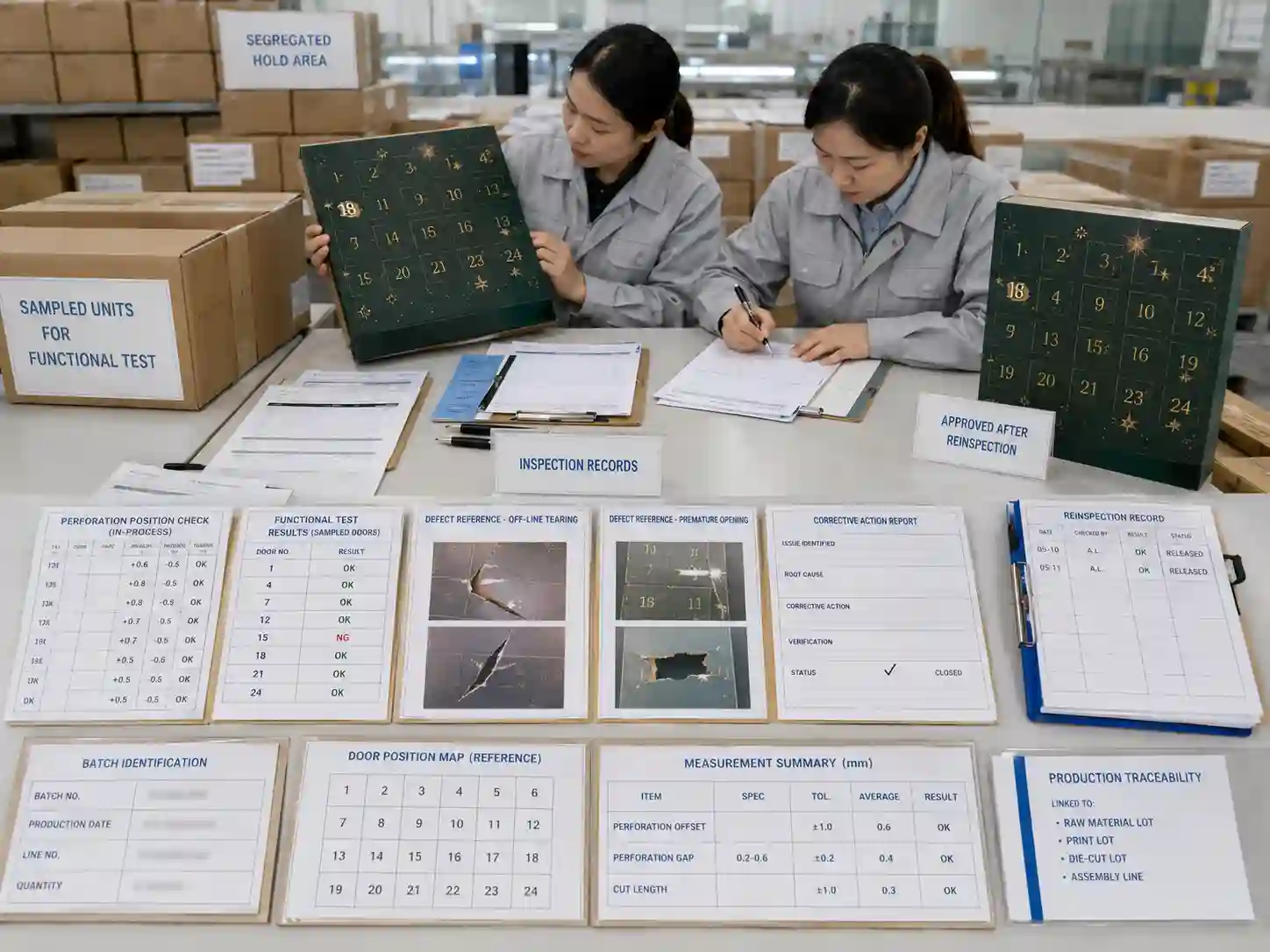 QC records tracing sampled perforated door defects, corrective action, and reinspection for advent calendar production.
