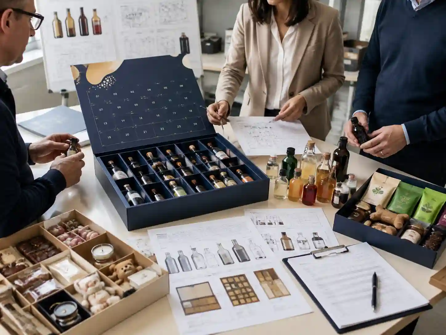Packaging specialists reviewing an upright insert design for mini beverage bottles in an advent calendar.