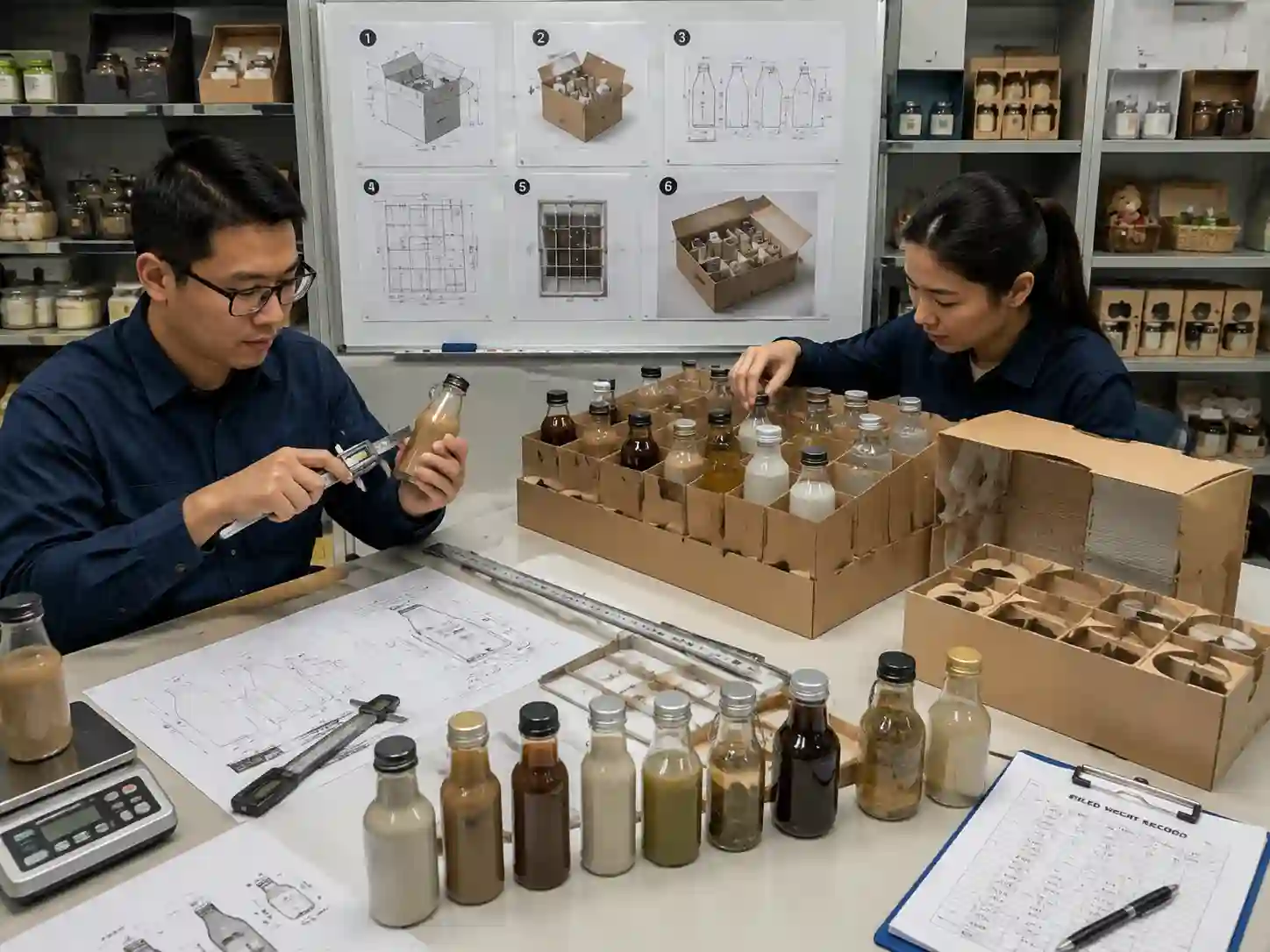 Packaging engineers testing paper insert cavities to keep mini beverage bottles upright and supported.
