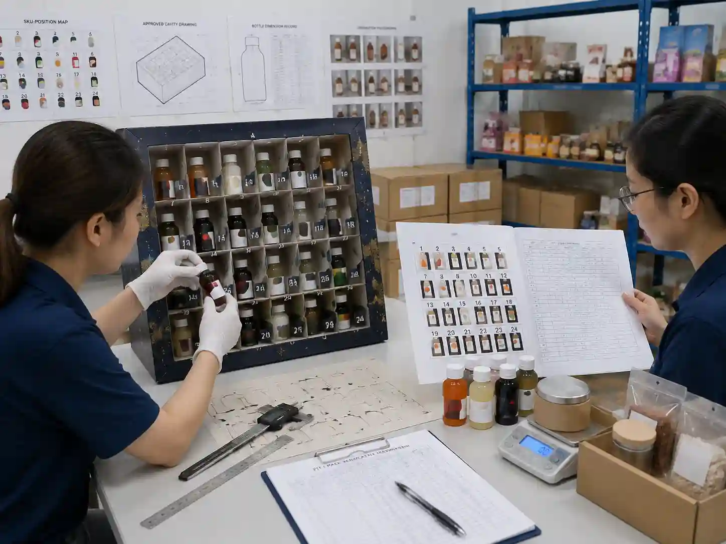 QC staff verifying upright mini beverage bottle positions, insert fit, closures and shipping documentation.