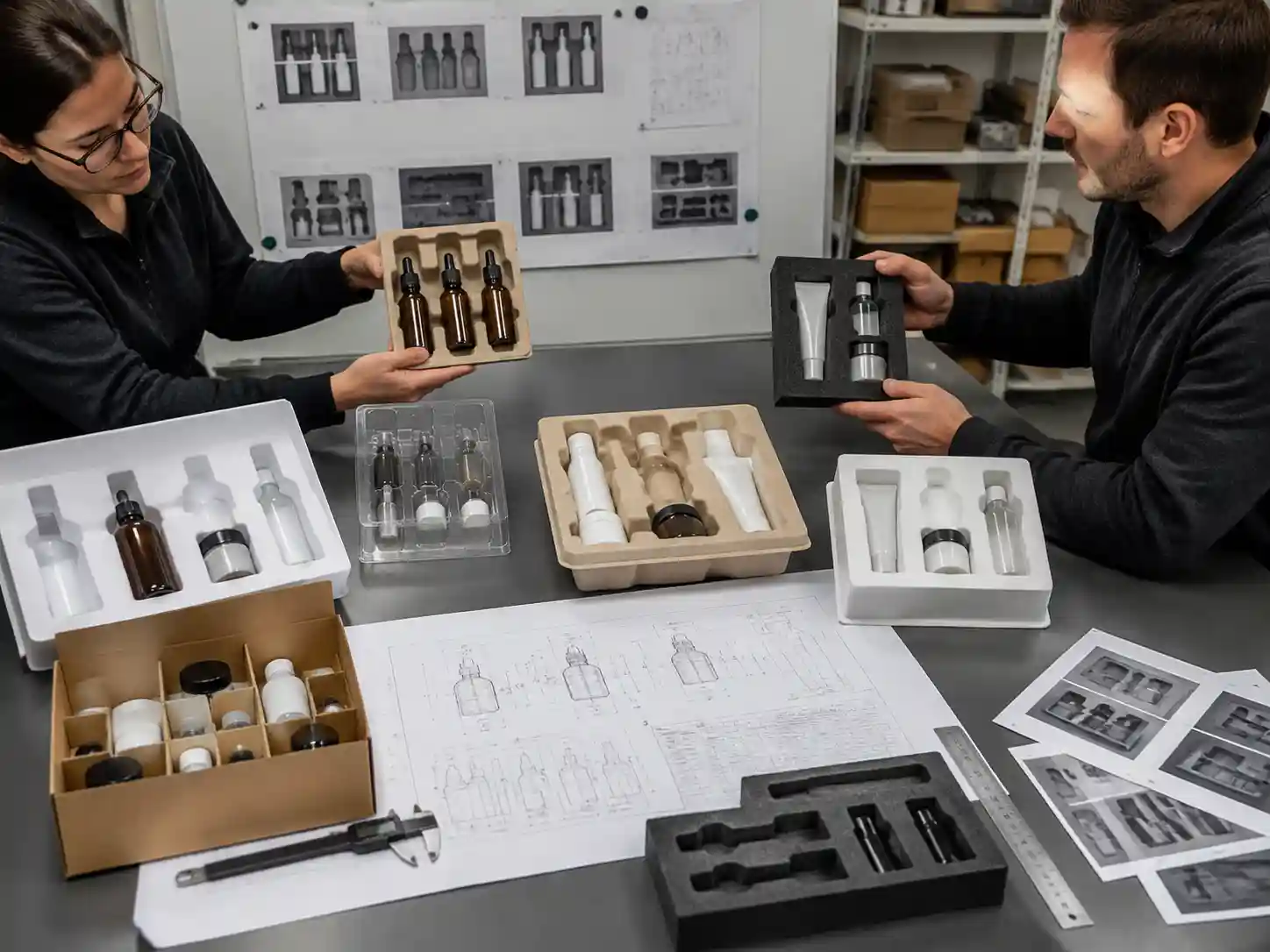 Packaging engineers reviewing insert designs for upright product shipping retention with cavity samples and product fit checks.