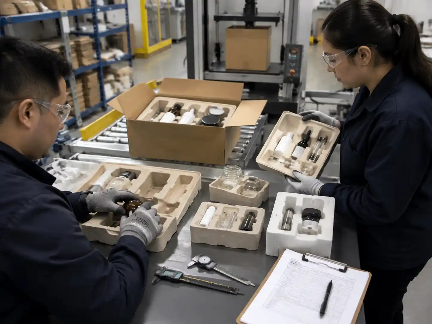 Technicians testing insert prototypes and product positioning for upright shipping stability.