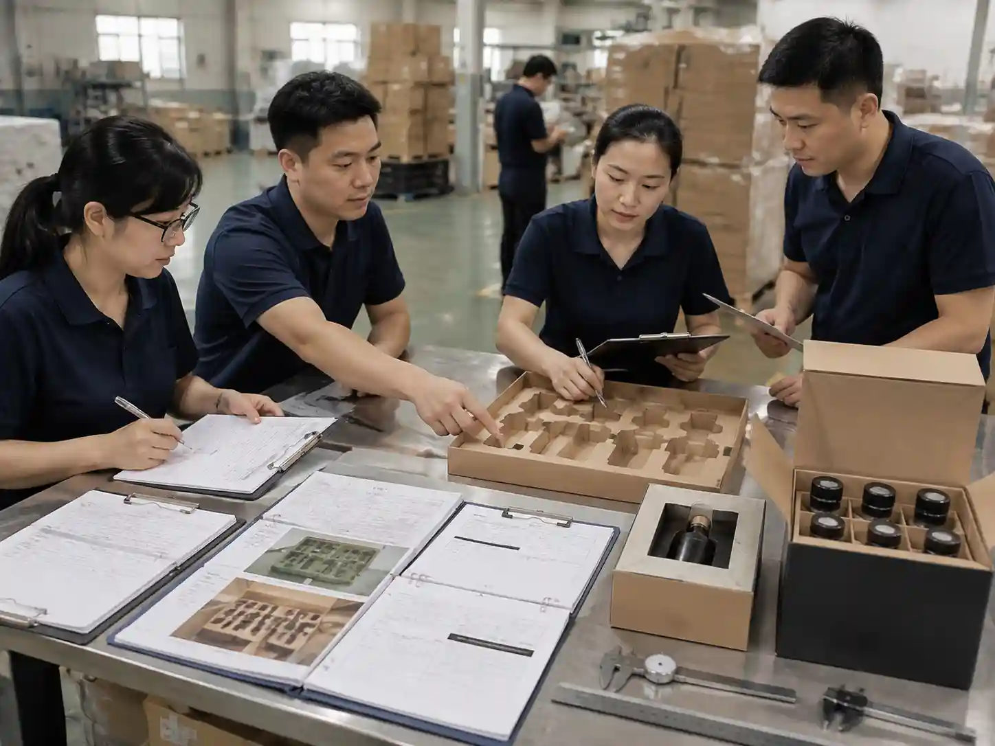 QC staff verifying insert dimensions and shipping retention performance with records and packaging samples.
