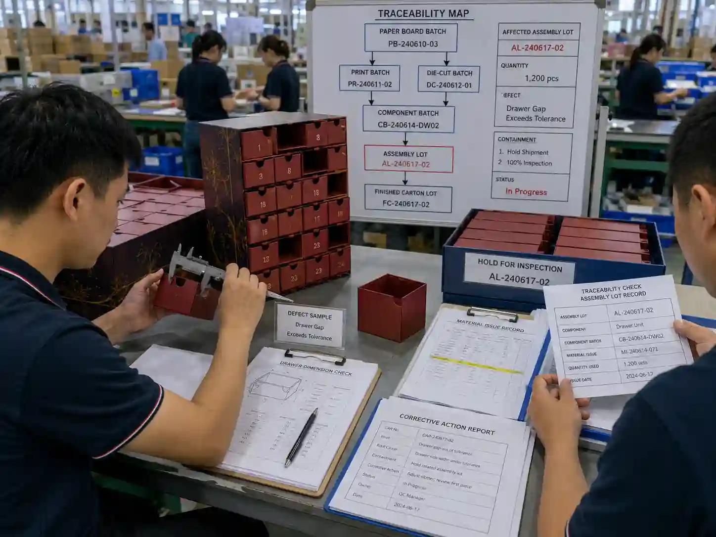 QC inspectors tracing a defective calendar box component lot through assembly and containment records.