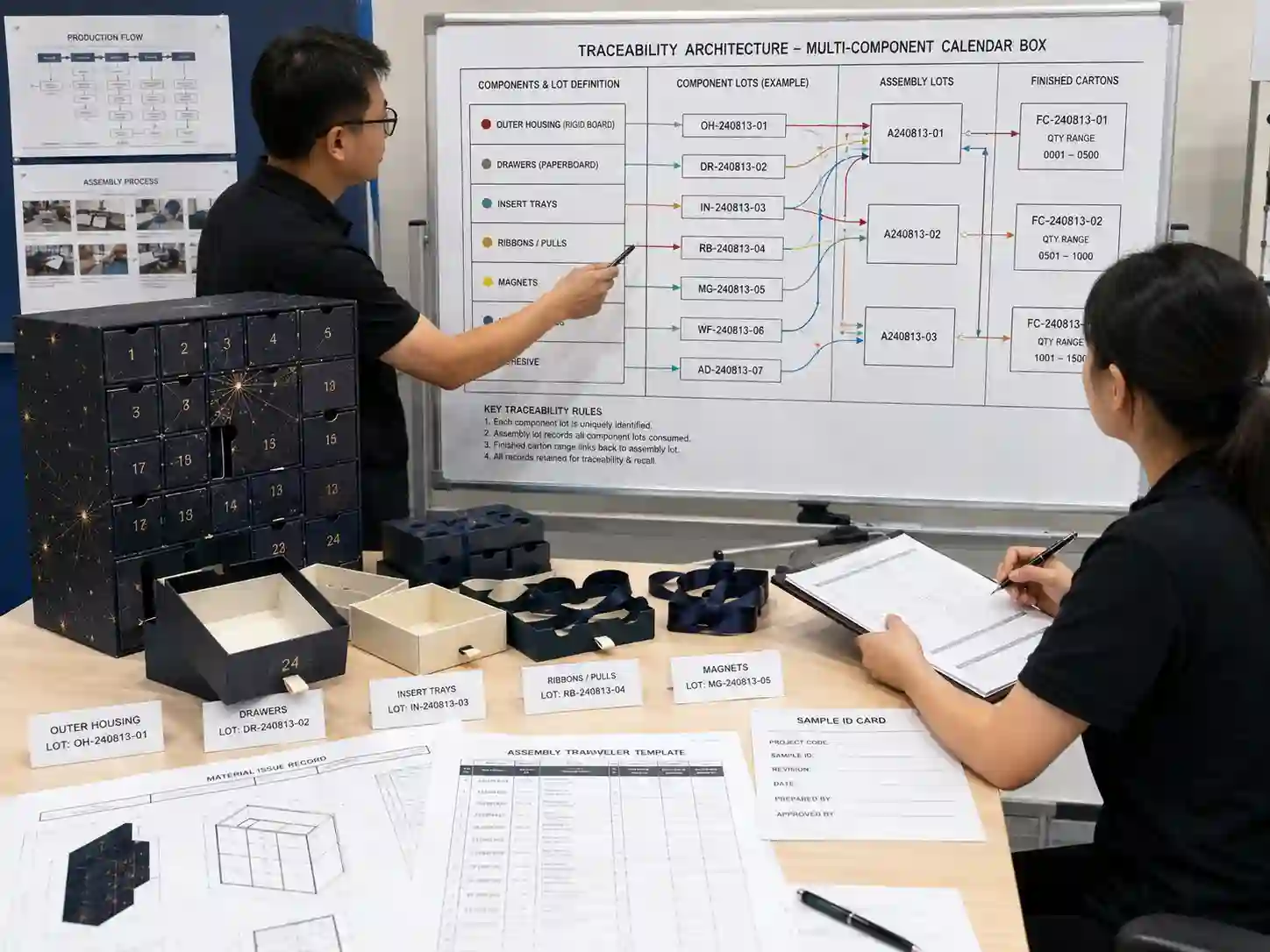 Packaging engineers planning component lot identification and assembly traceability for multi-component calendar boxes.