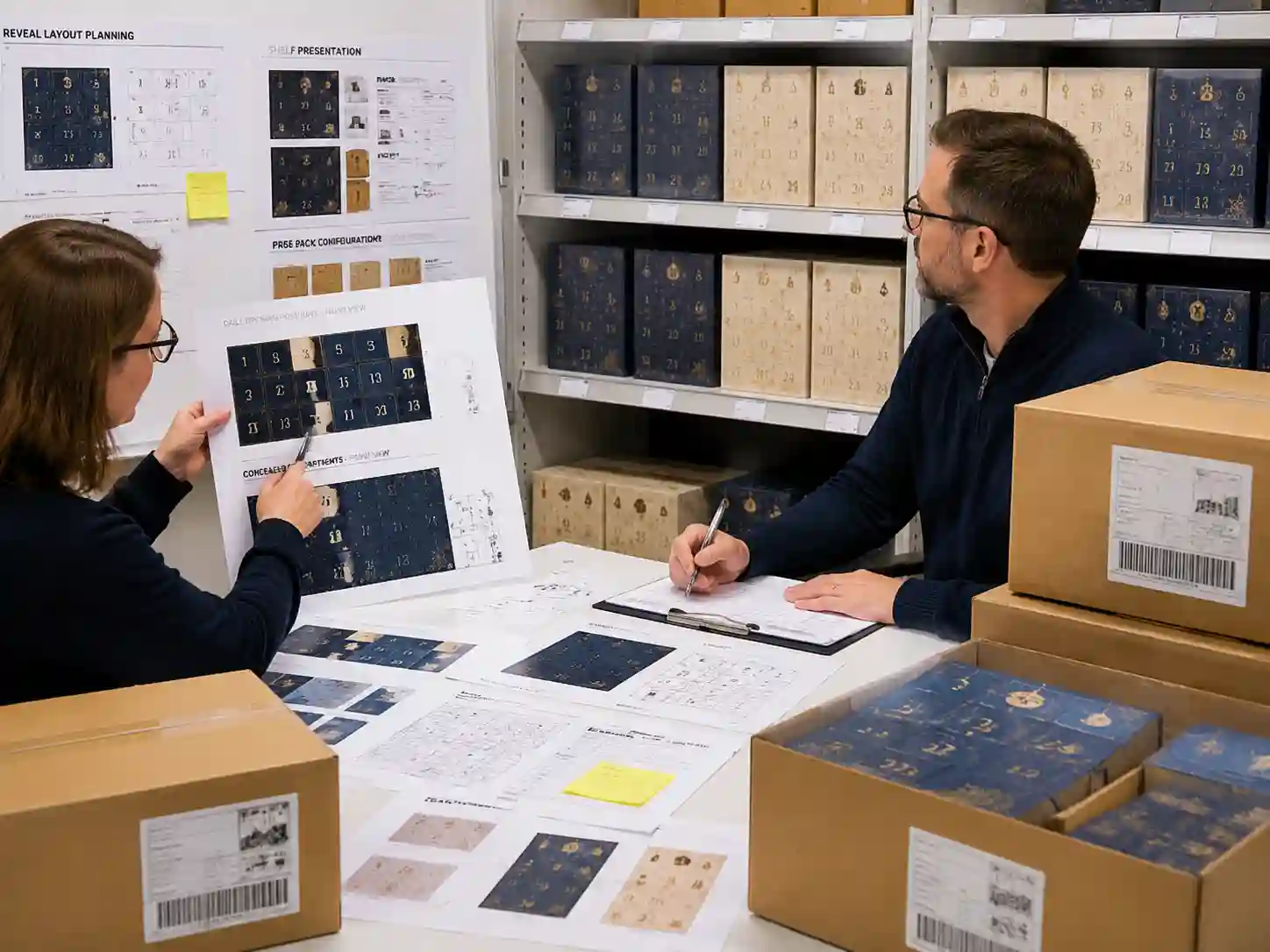 Packaging specialists reviewing concealed daily opening layout for an advent calendar with retail and fulfillment requirements.