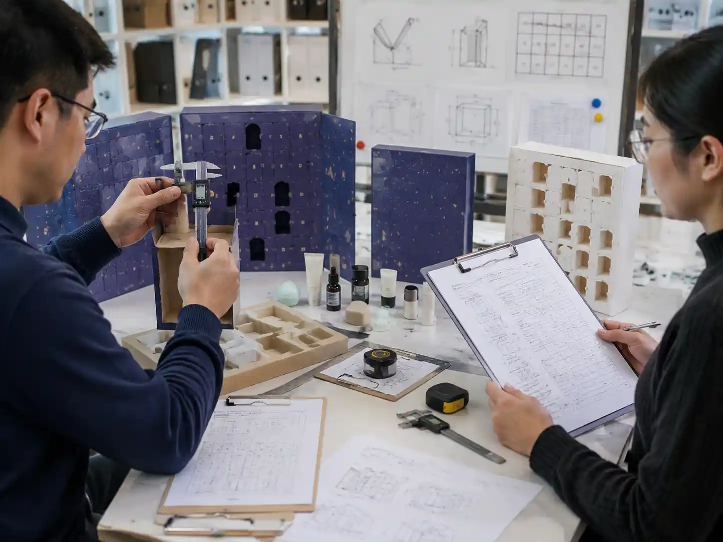 Packaging engineers testing concealed compartment structure and daily opening visibility on advent calendar samples.