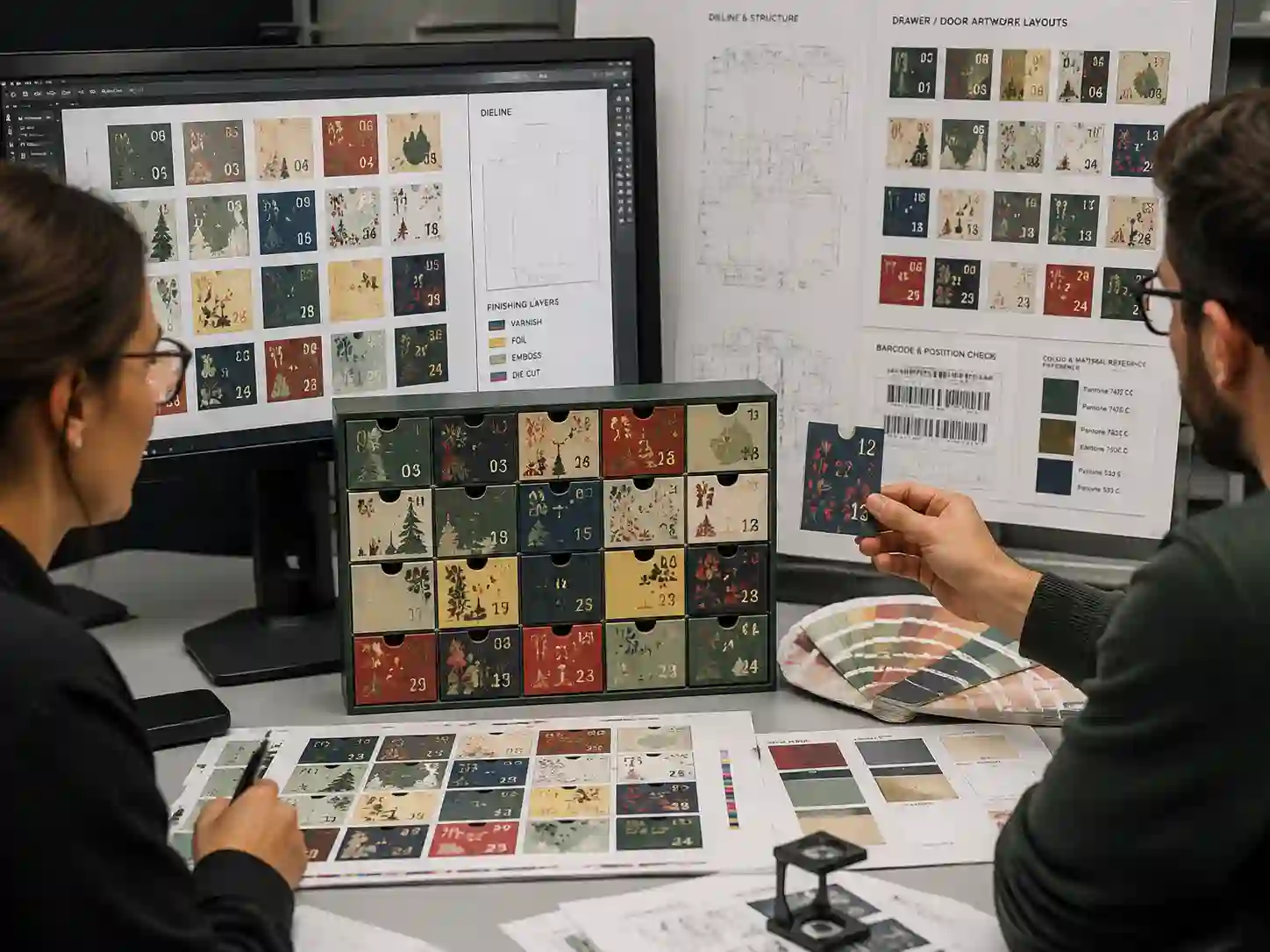 Packaging designers reviewing unique artwork every drawer or door with dielines, proofs, and prepress controls