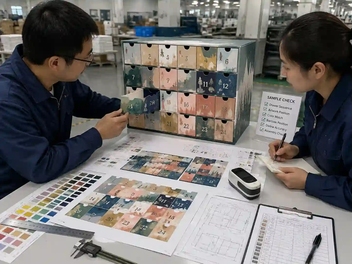 Packaging engineers validating drawer artwork positions and production accuracy with samples and measurements