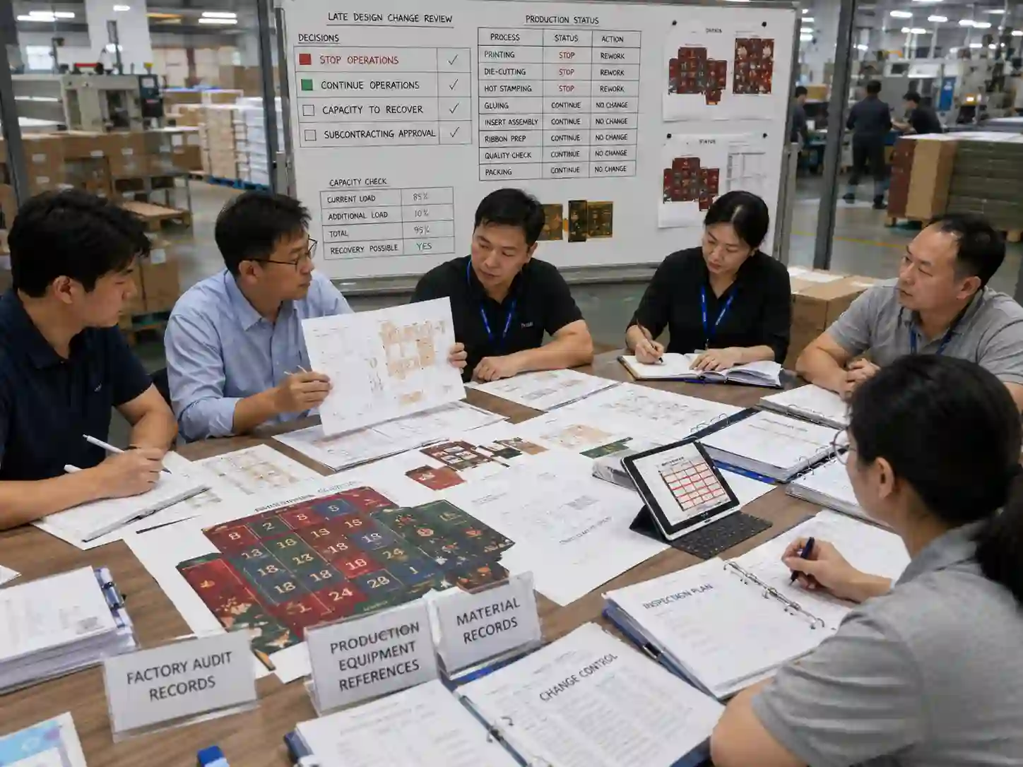 Packaging buyers and factory staff reviewing a late design change, production status, capacity, and supplier controls.