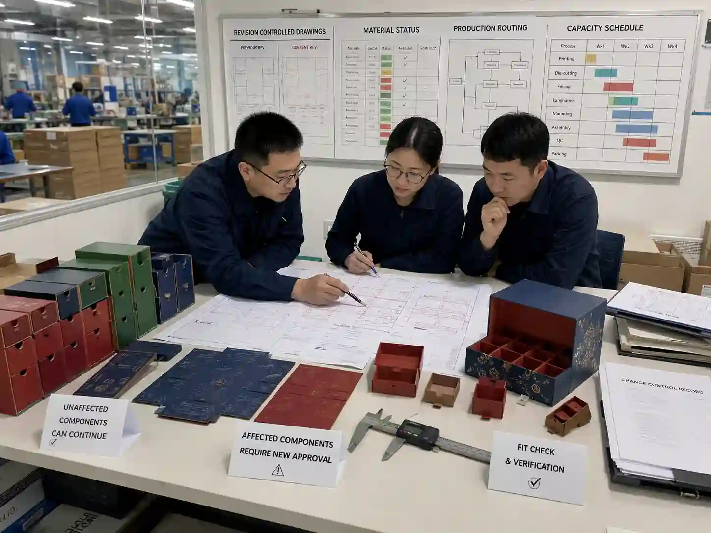 Packaging engineers verifying revised drawings, dimensions, component fit, and production planning after a late design change.