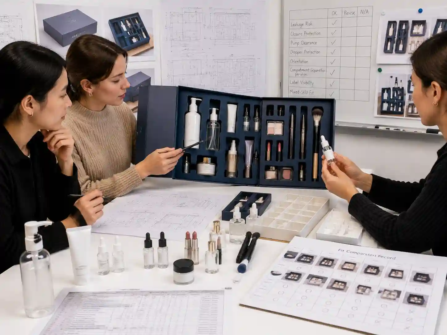 Packaging specialists reviewing skincare advent calendar leakage risk with product samples and fit records