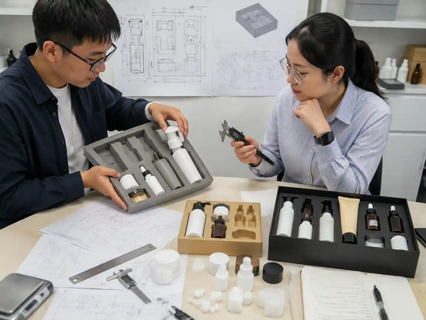 Packaging engineers testing skincare container fit and leakage protection in advent calendar inserts