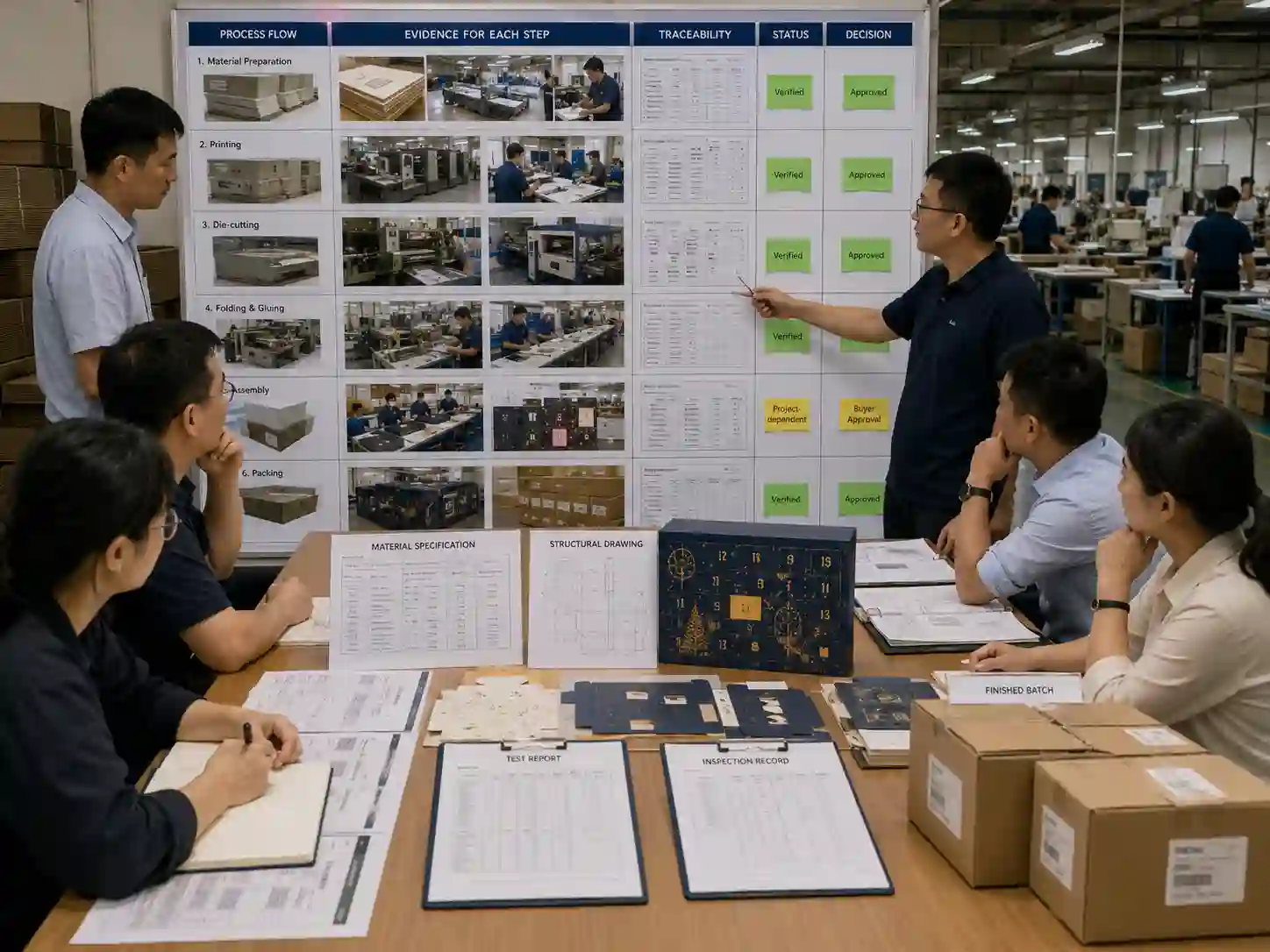 Buyers reviewing advent calendar manufacturing process evidence, specifications, production records, QC documents and traceability information.