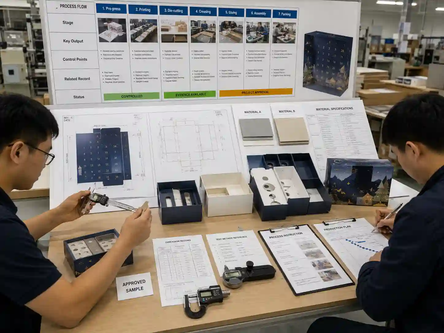 Packaging engineers documenting advent calendar manufacturing stages using controlled drawings, material specifications, samples and measurement records.