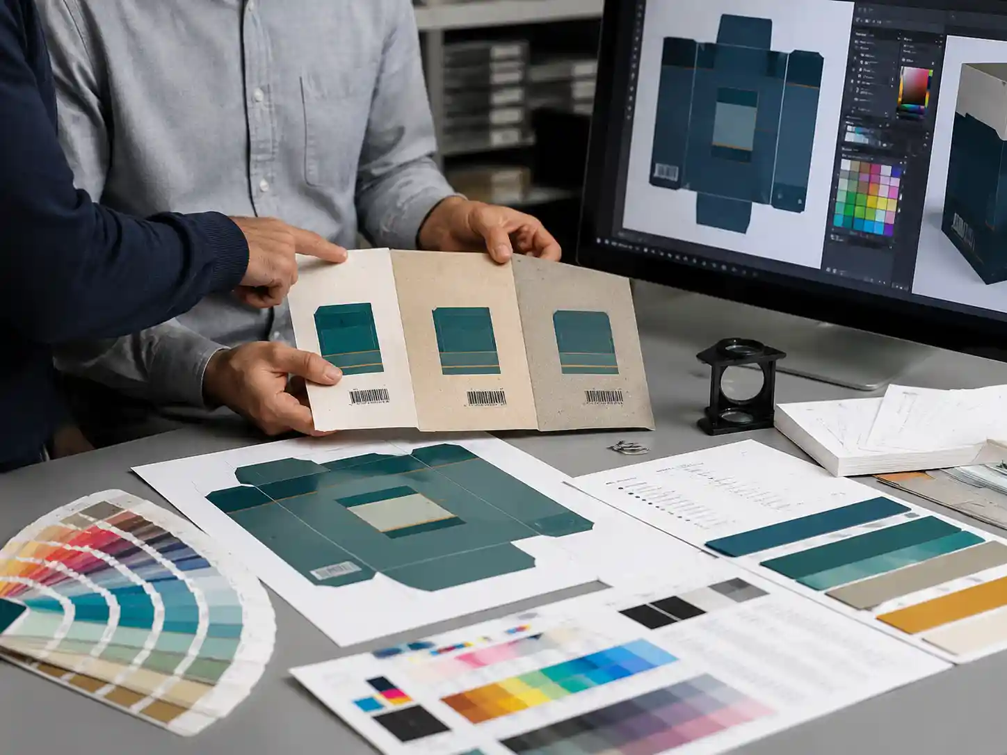 Packaging designers reviewing brand color matching across coated, uncoated, and textured paper stocks with proofs and artwork controls