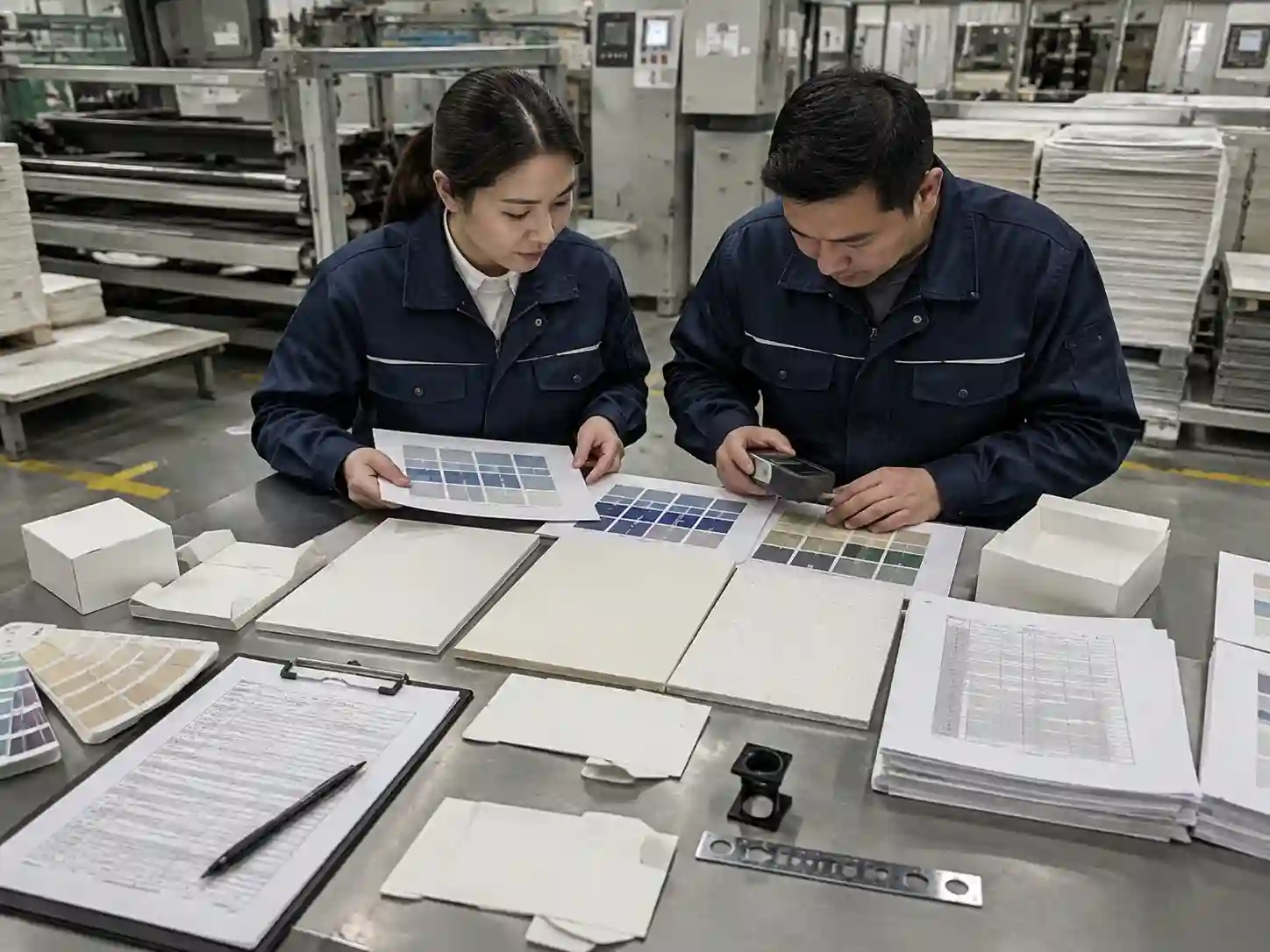 Packaging engineers validating printed color samples on different paper stocks using measurement tools and production references