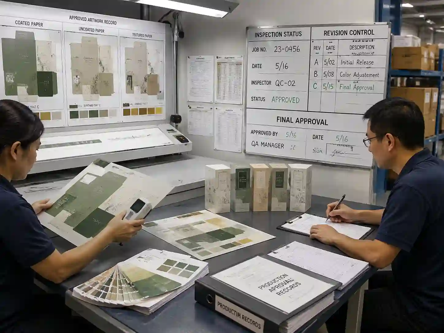 Quality control staff verifying approved color records and printed packaging samples across different paper stocks