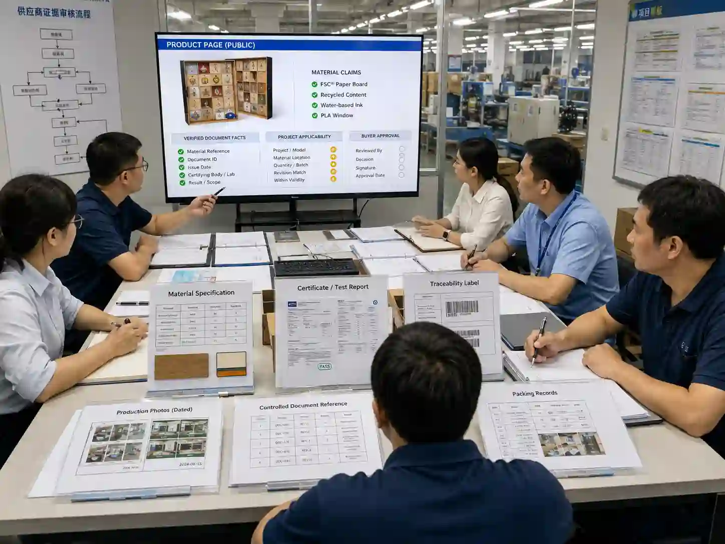 Packaging buyers reviewing material certificate links and traceability evidence for an advent calendar product page.