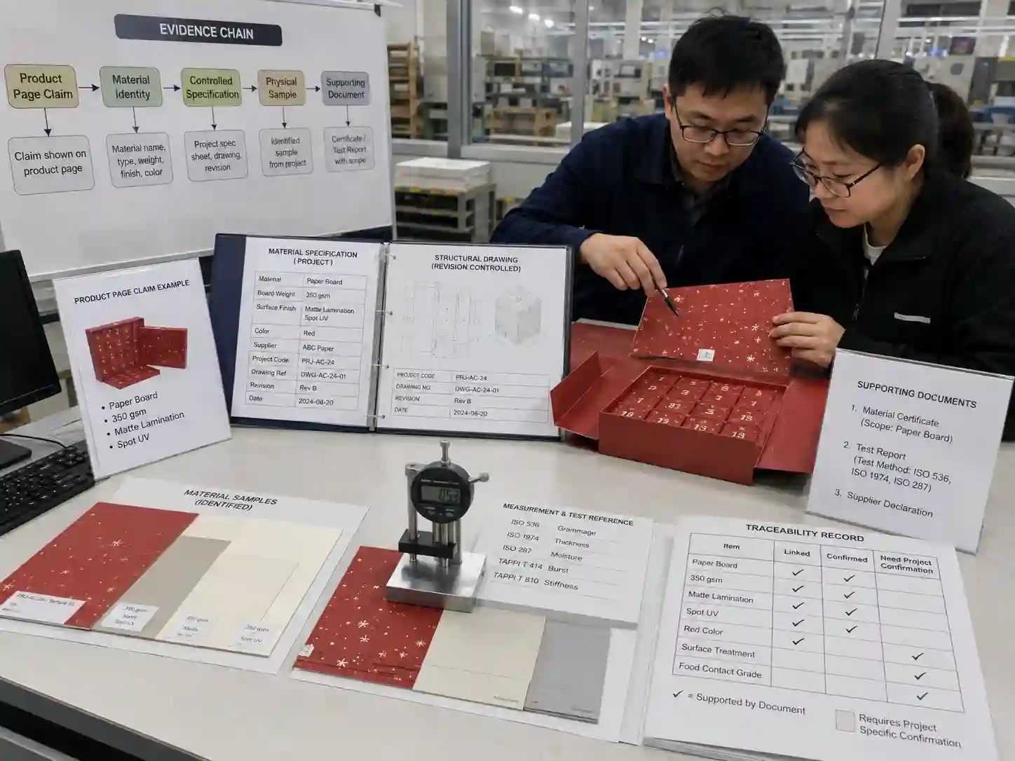 Packaging engineers linking material specifications, samples and certificate evidence for an advent calendar project.