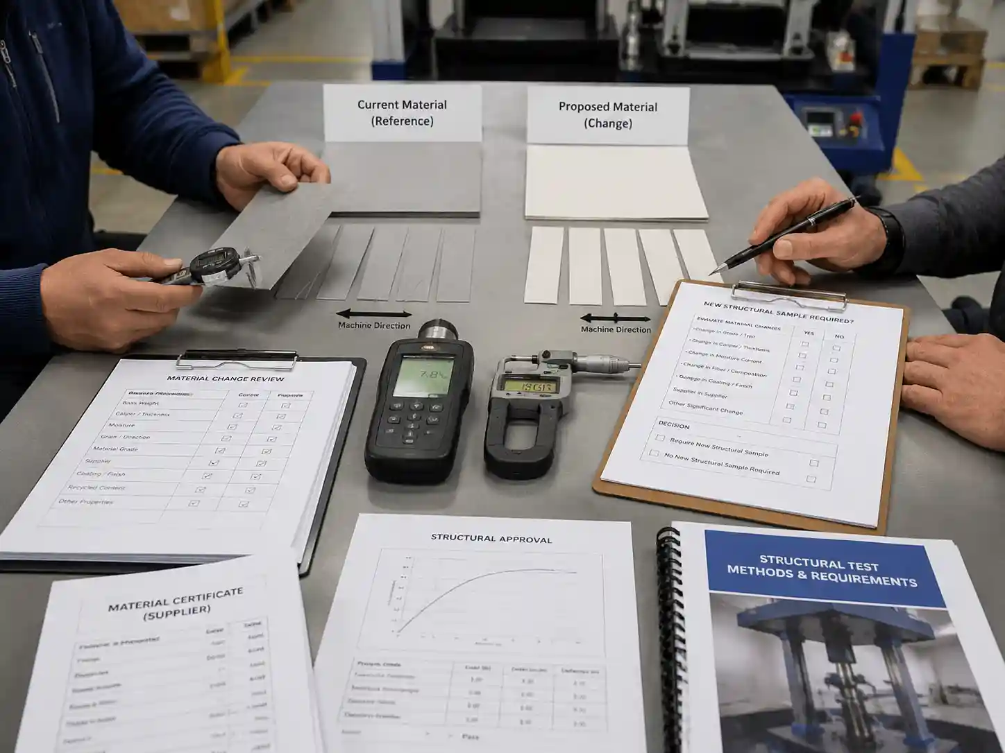 Packaging engineers reviewing board and paper material changes before structural sample approval
