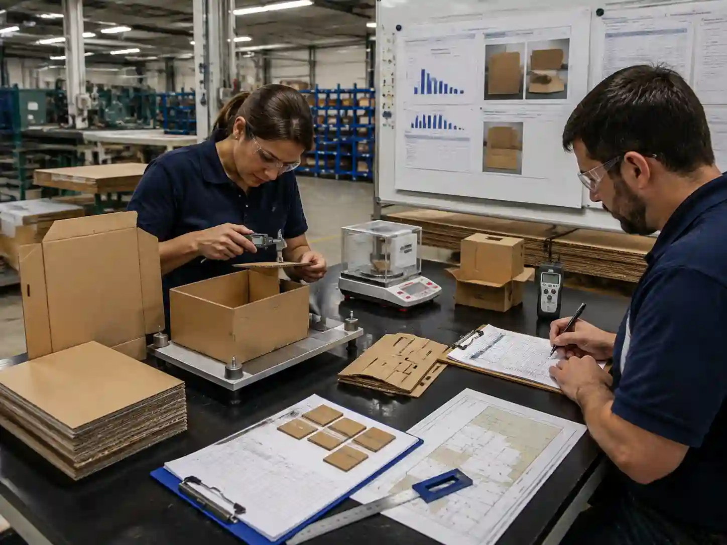 Engineering team testing revised packaging material samples and structural performance