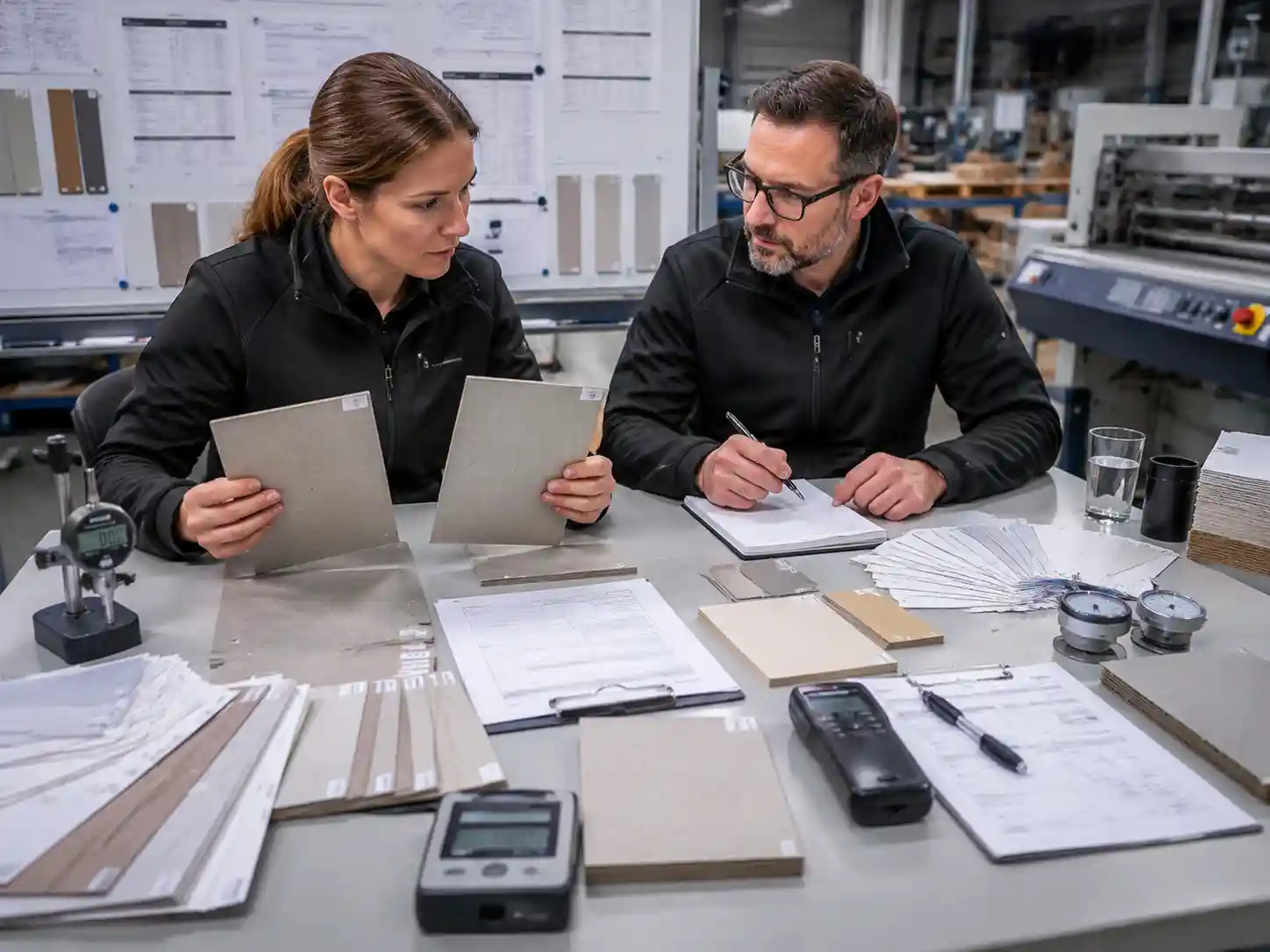 Packaging engineers reviewing material substitution samples, greyboard, paperboard properties, and evidence records for box strength evaluation.