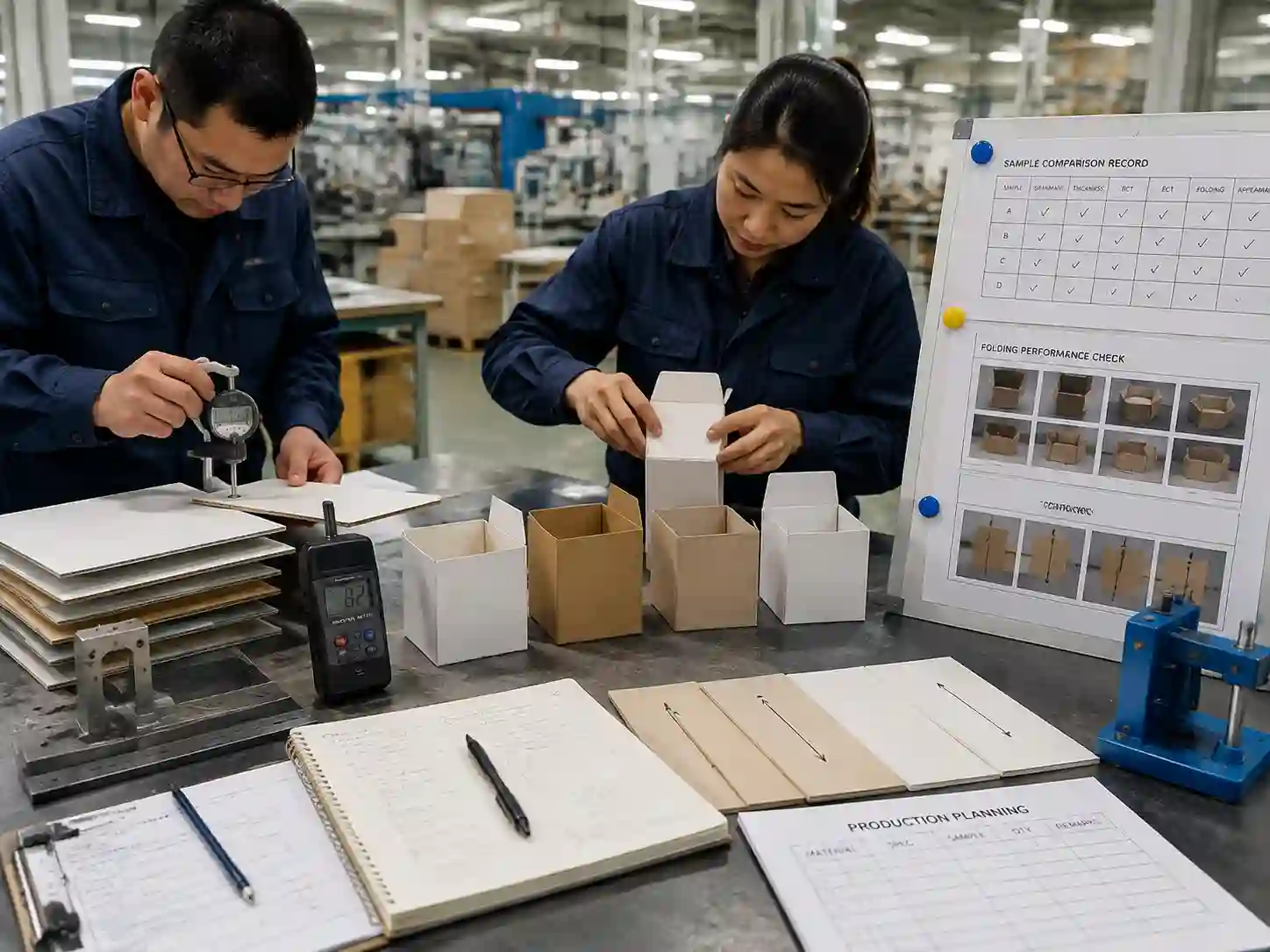 Technicians testing substituted packaging materials with folding checks, measurements, and structural sample evaluation.
