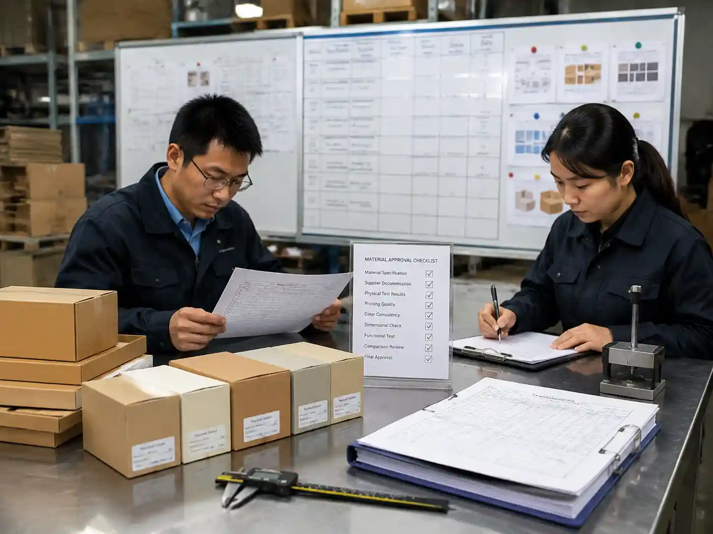 Quality control staff verifying packaging material substitution records, measurements, approved samples, and supplier documentation.