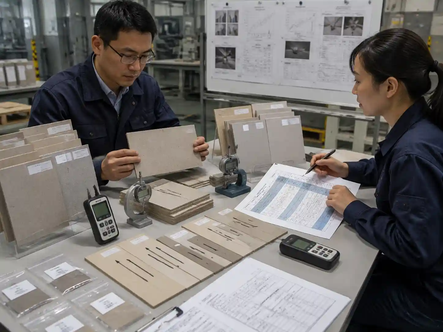 Packaging engineers reviewing greyboard and paperboard humidity sensitivity for ocean freight conditions