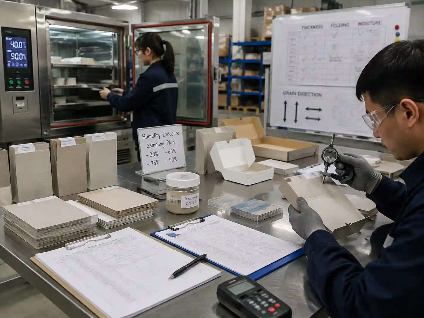 Packaging material testing and sampling process for humidity-sensitive paperboard materials