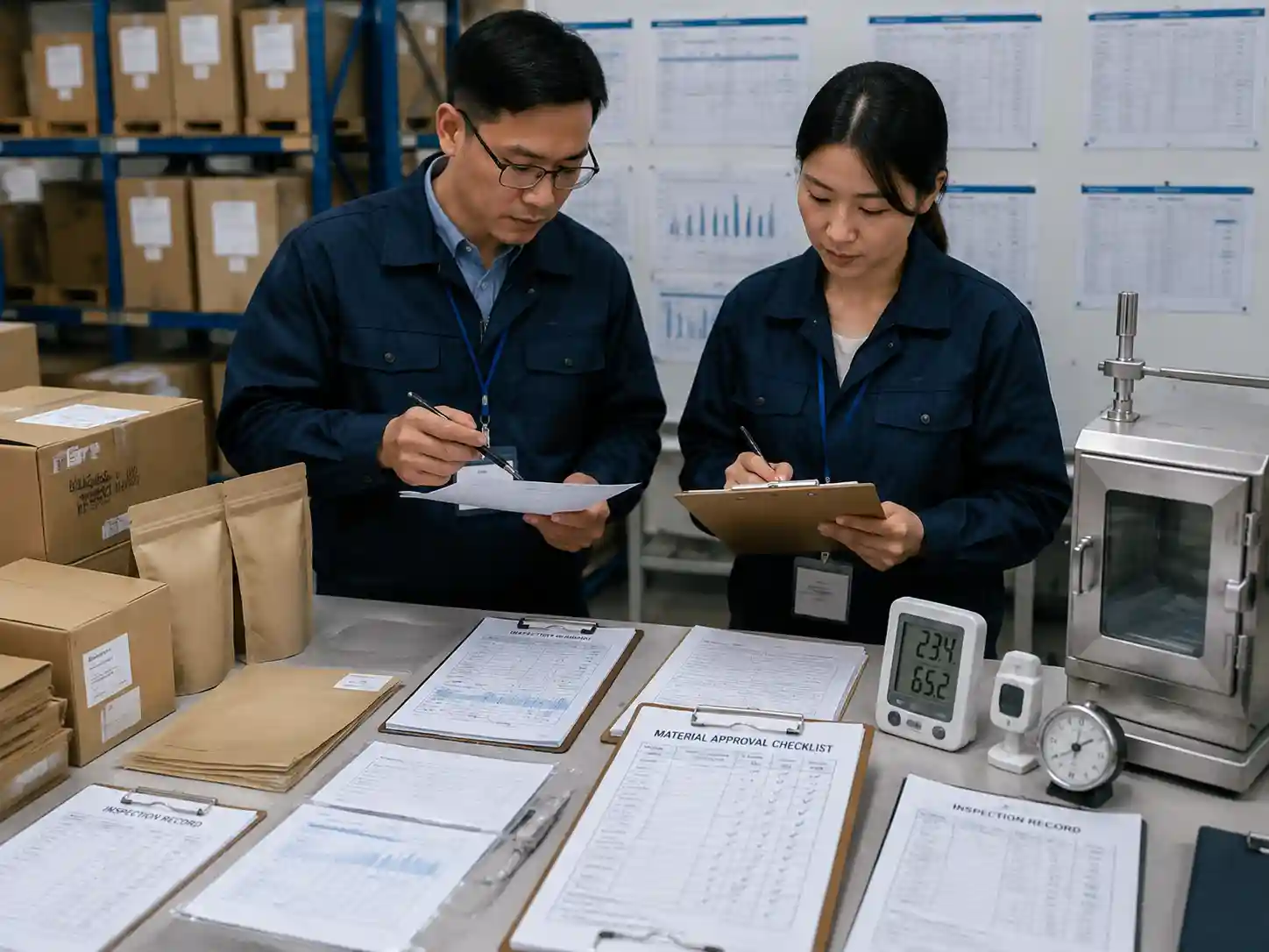 QC team verifying humidity-sensitive packaging materials with inspection records and approval documents