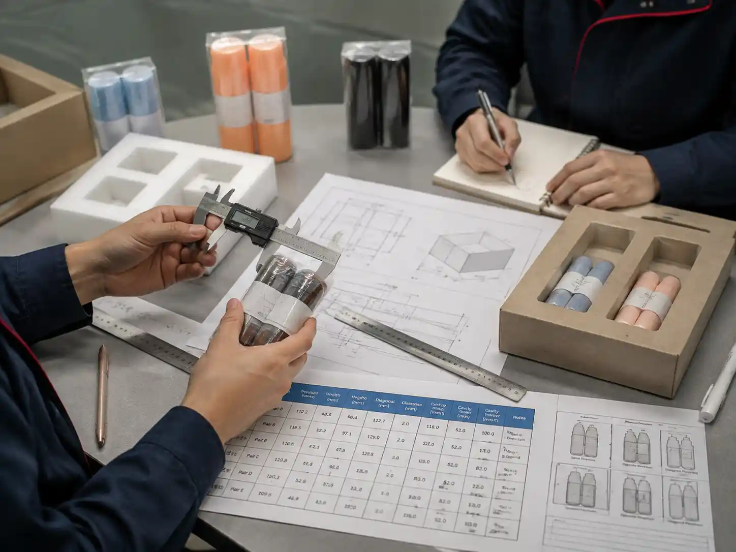 Packaging engineers measuring bundled products for one advent calendar compartment using product samples and cavity drawings