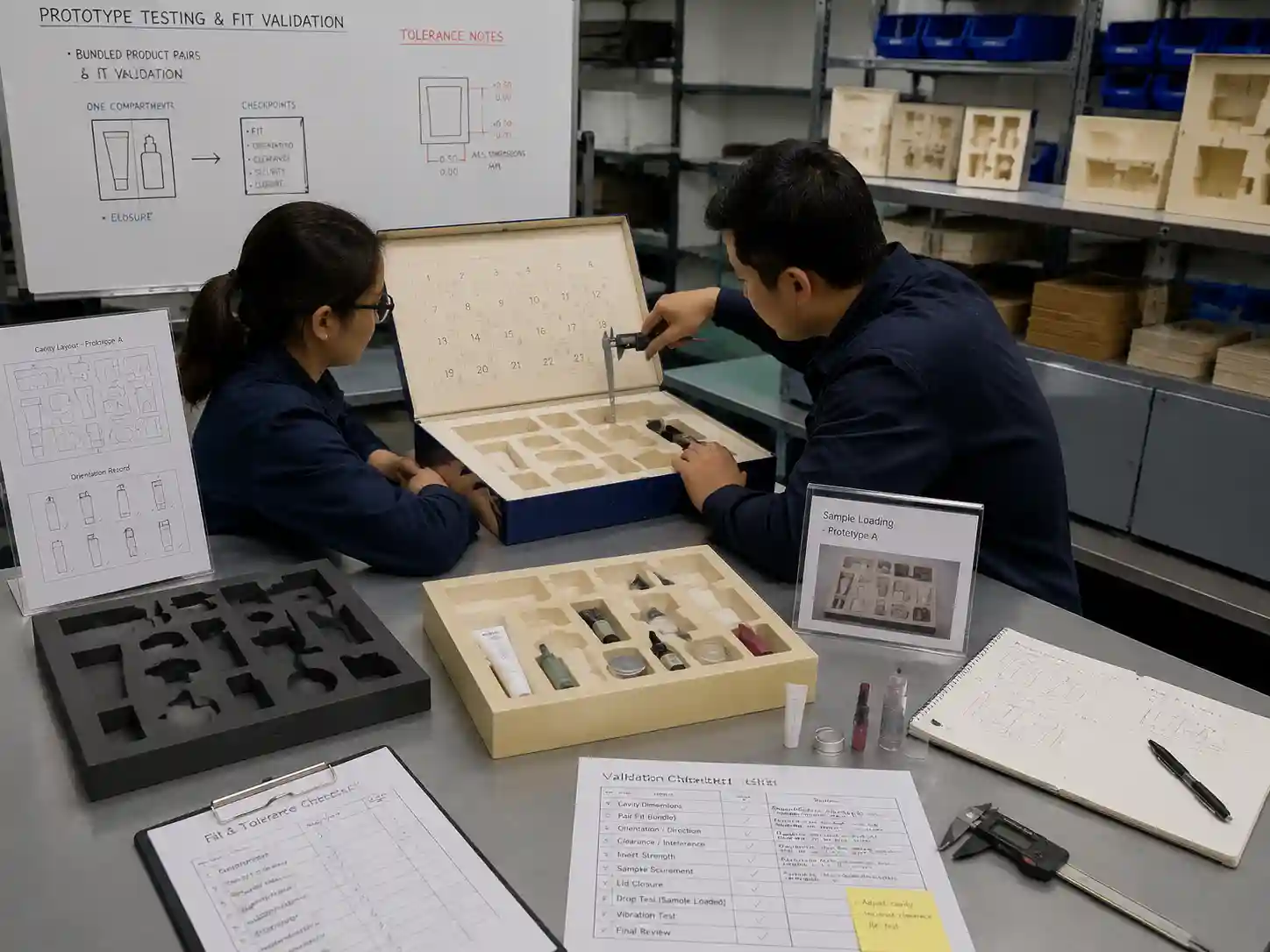 Engineers validating bundled product pair fit inside custom insert prototypes for advent calendar packaging