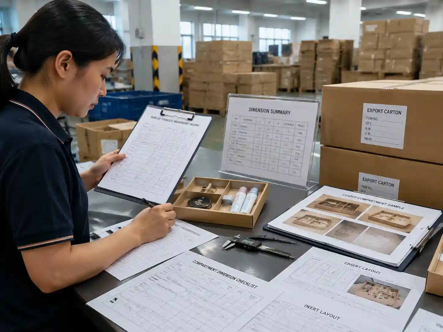 QC staff verifying bundled product compartment measurements with inspection records and loaded samples