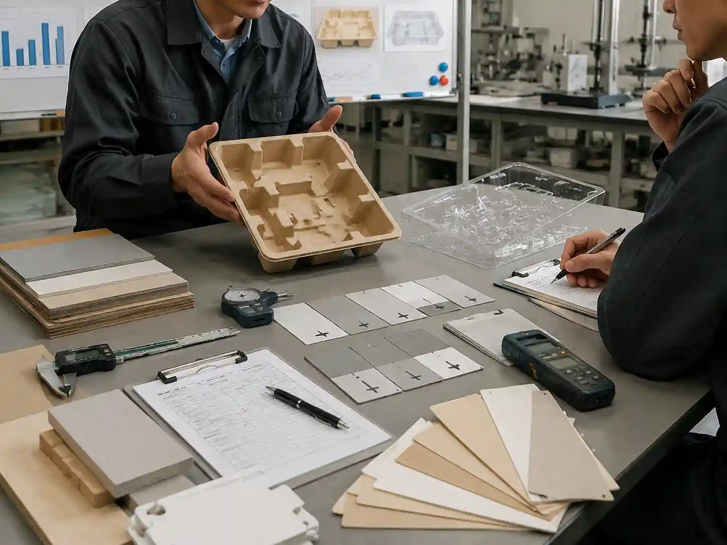 Packaging engineers reviewing molded pulp and PET insert material evidence for advent calendar packaging decisions