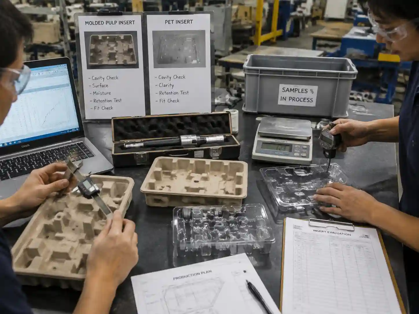 Technicians testing molded pulp and PET insert samples for fit and protection performance