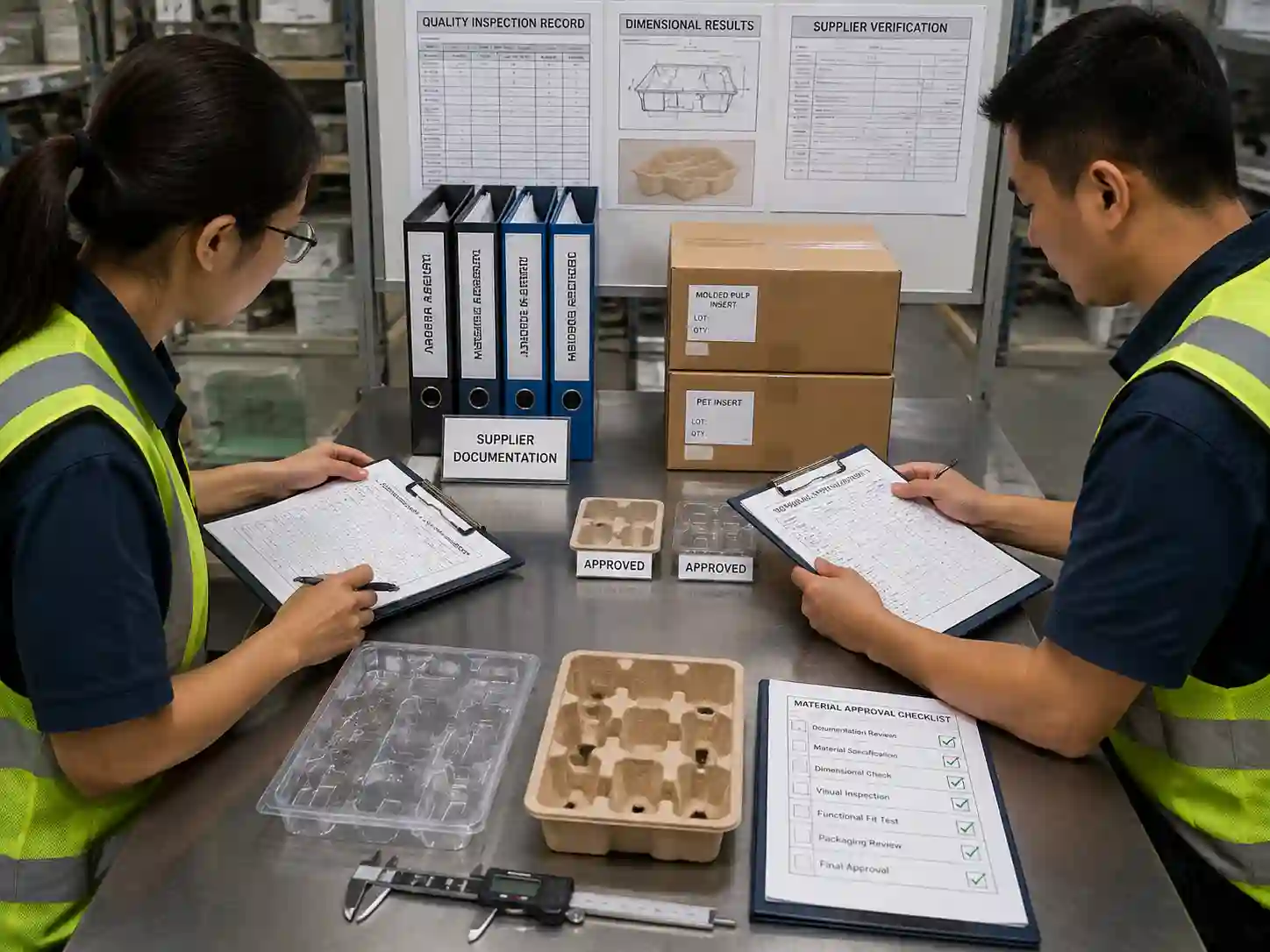 Quality control team verifying molded pulp and PET insert documentation and approved packaging samples