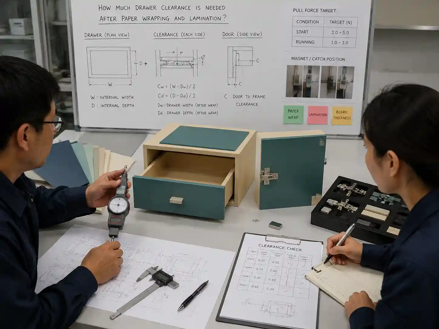 Packaging engineers reviewing drawer clearance measurements after paper wrapping and lamination on advent calendar prototypes
