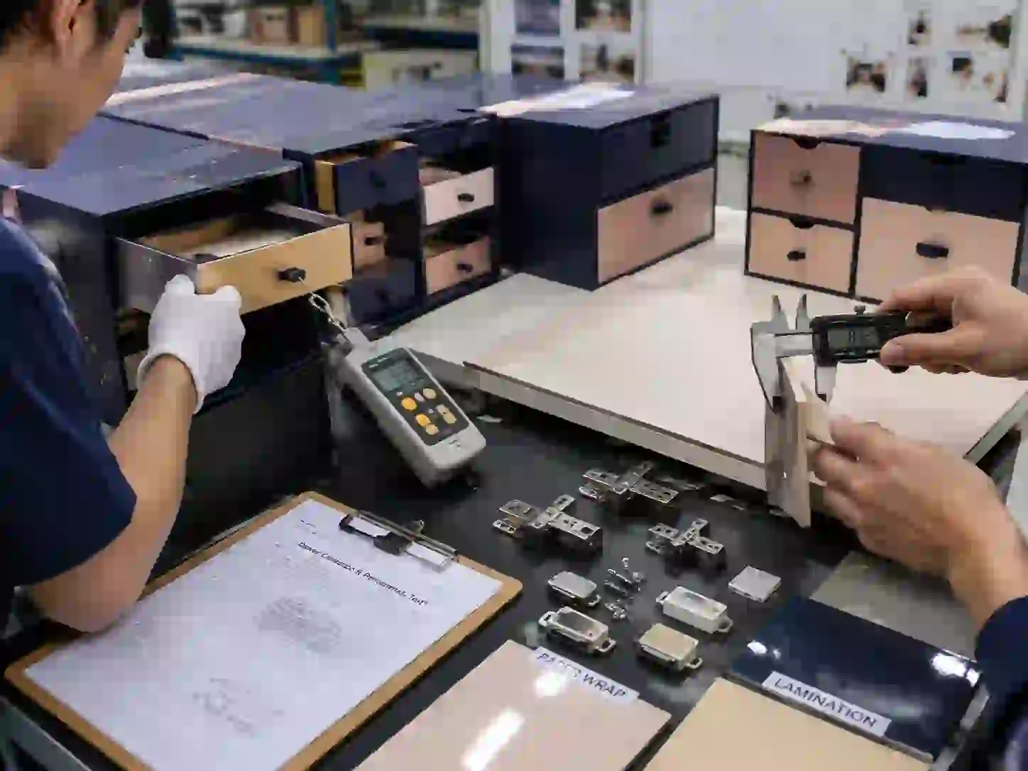Engineering team testing finished advent calendar drawer movement and structural clearance after lamination