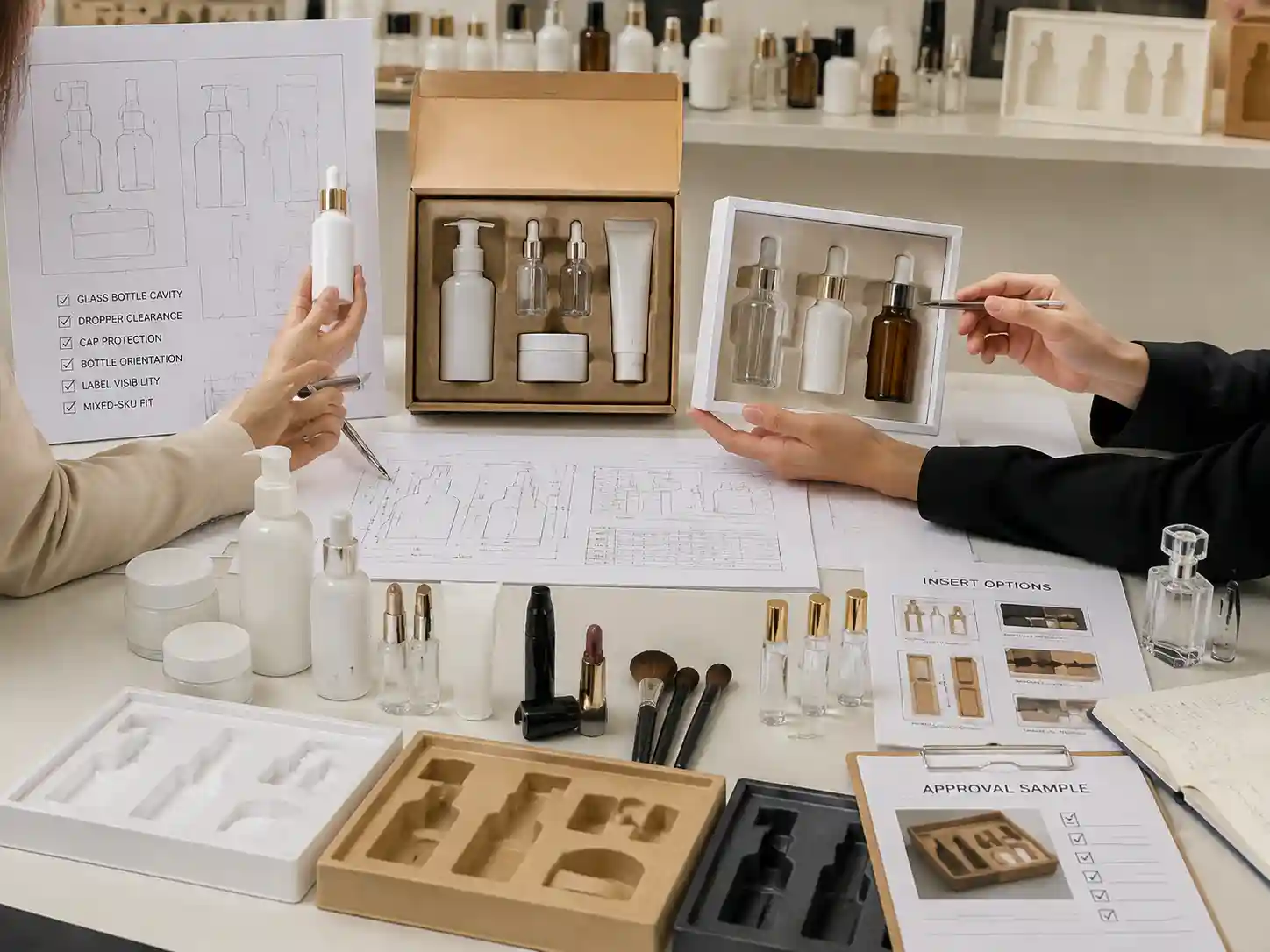 Packaging specialists reviewing glass serum bottle dropper protection with inserts and mixed beauty product samples