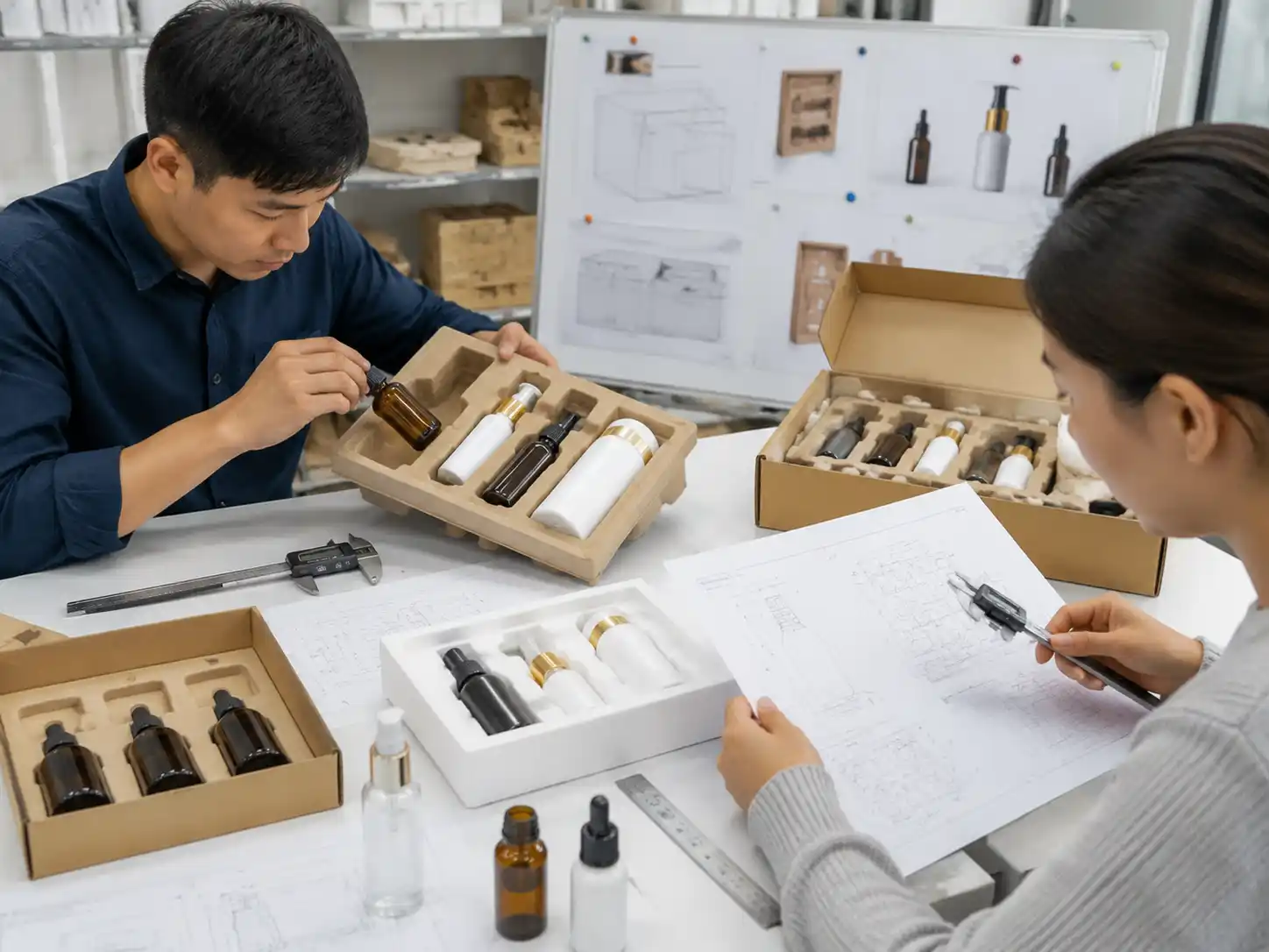 Packaging engineers testing insert fit and clearance for glass serum bottle dropper protection